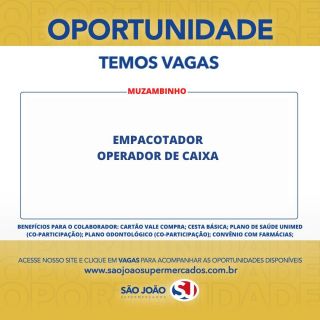 Venha fazer parte do time Família São João!
Confira as vagas disponíveis!
Você pode se cadastrar através do site: https://saojoaosupermercados.solides.jobs/
Boa sorte! 😉